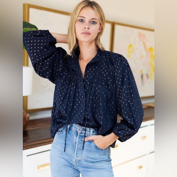 Emerson Fry India Collection Emmaline Top Blue Gold Metallic Blouse Maritime Dot - Picture 4 of 16